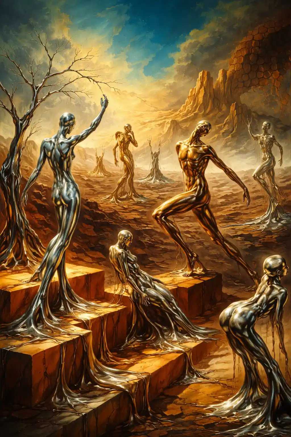 Figuras humanoides metálicas surrealistas en un paisaje desértico por capas