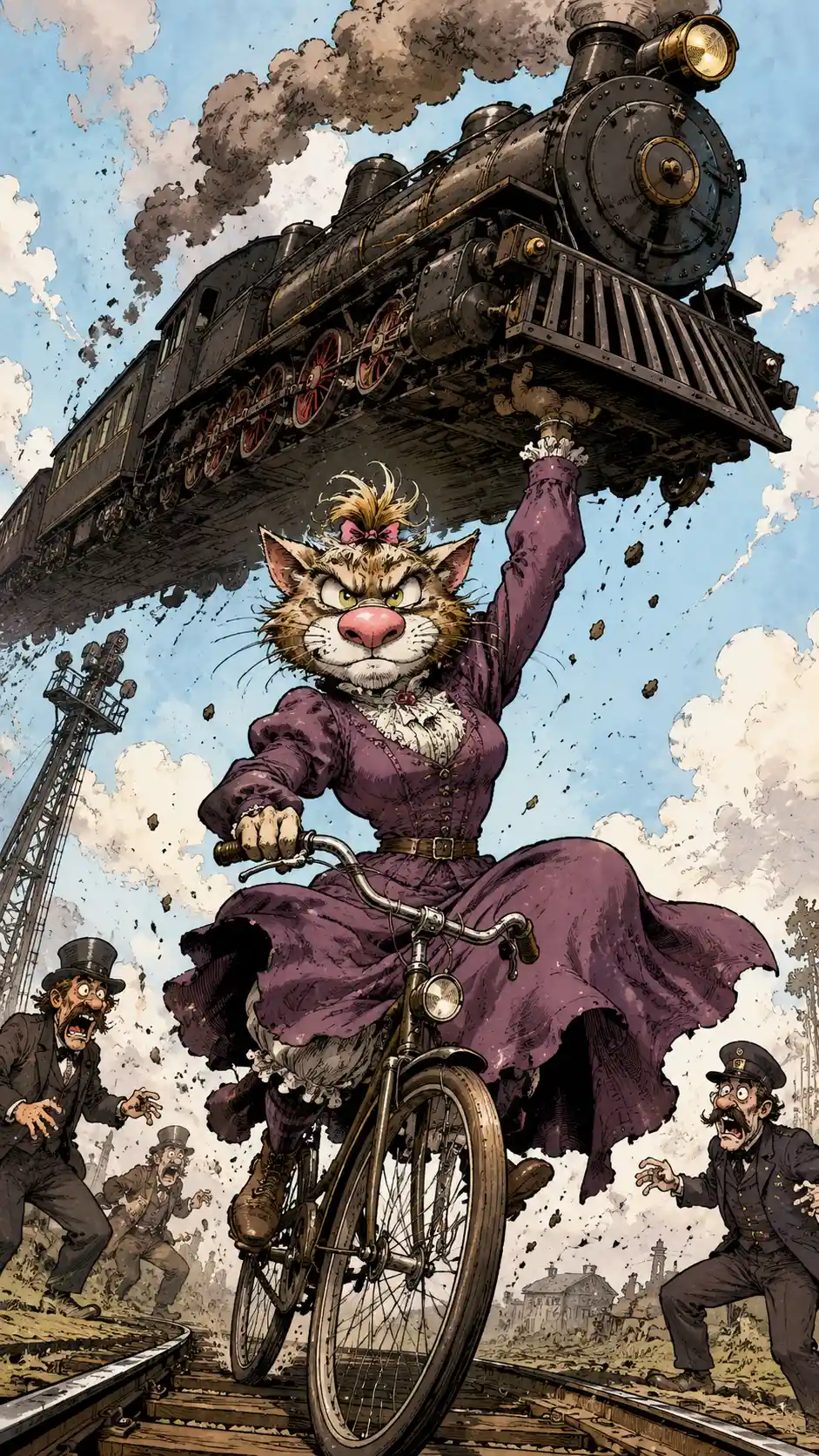 Súper gato levantando un tren mientras monta en bicicleta