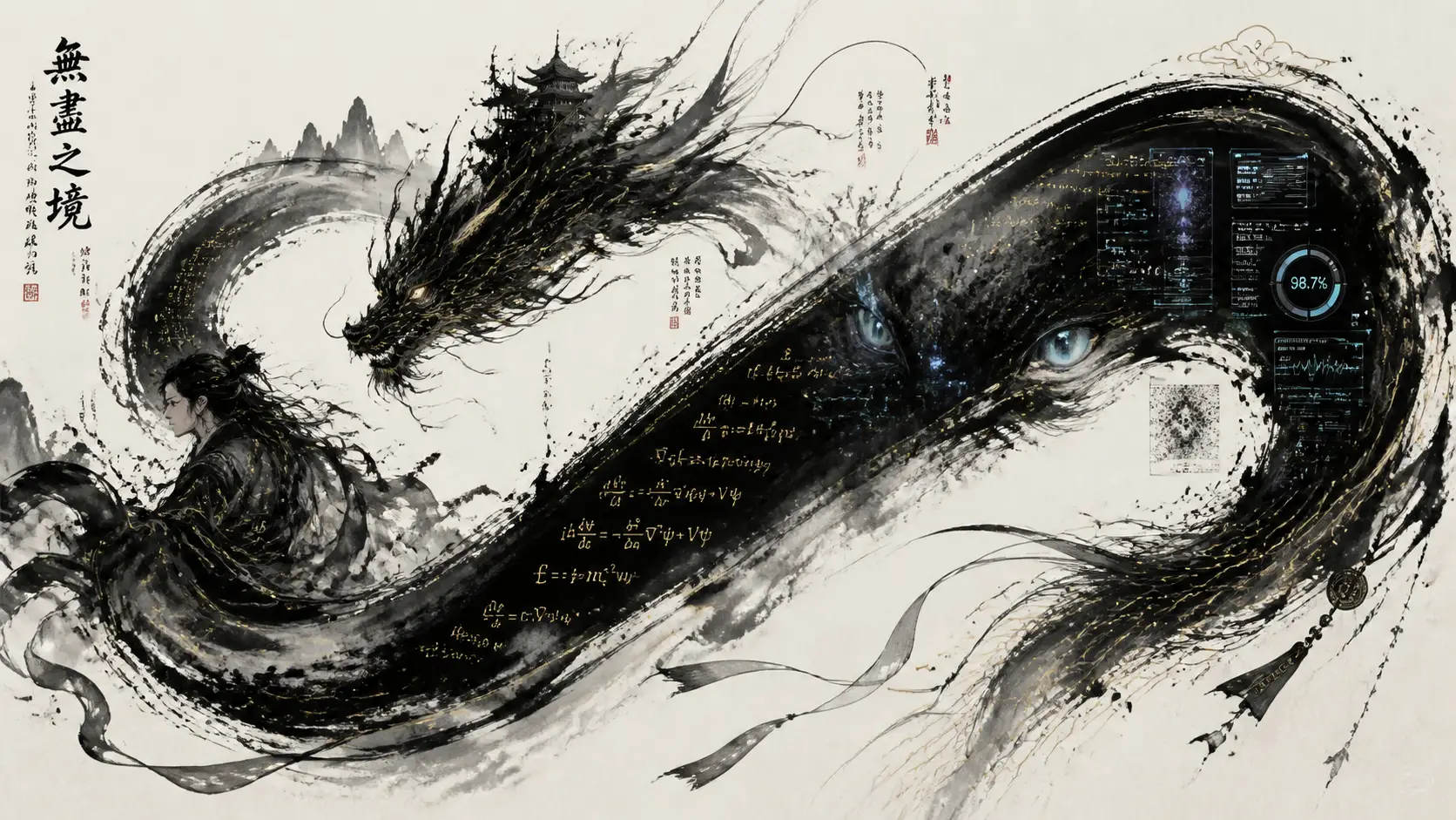 Sweeping ink stroke transforming into symbols and feline eyes