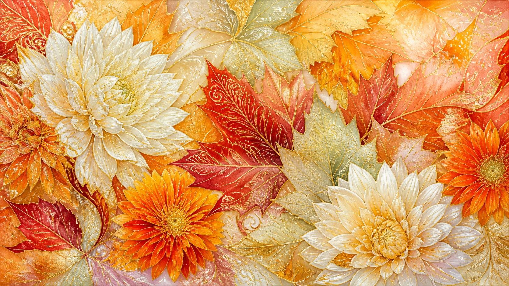 Delicadas hojas de otoño con patrones dorados y flores brillantes