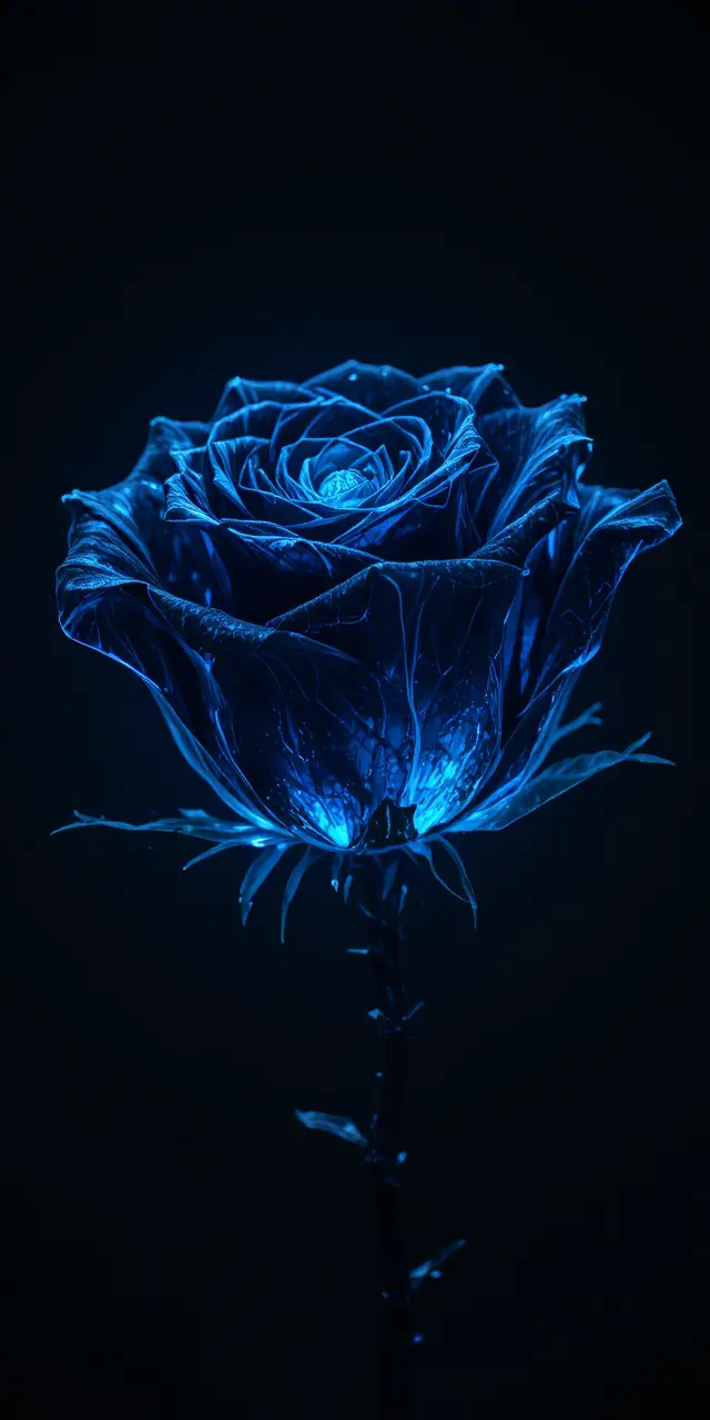 Rosa nera luminosa con petali di vetro azzurro cielo su sfondo scuro