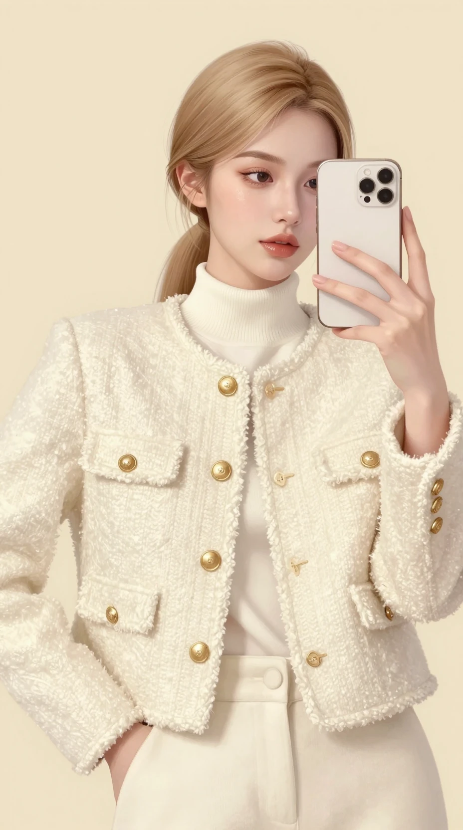 Chica elegante tomándose una selfie de lujo con el móvil en tonos pastel