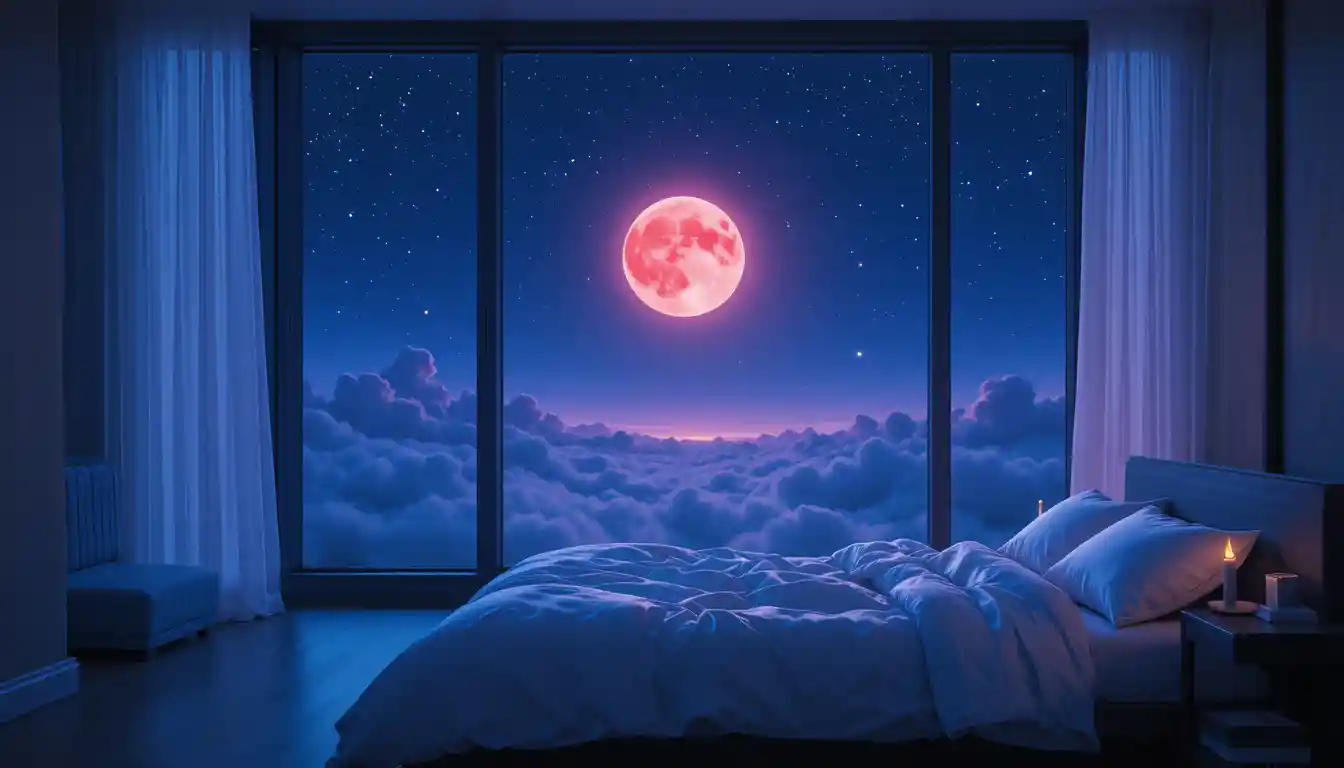 Quarto moderno ao luar com vista onírica do céu noturno índigo