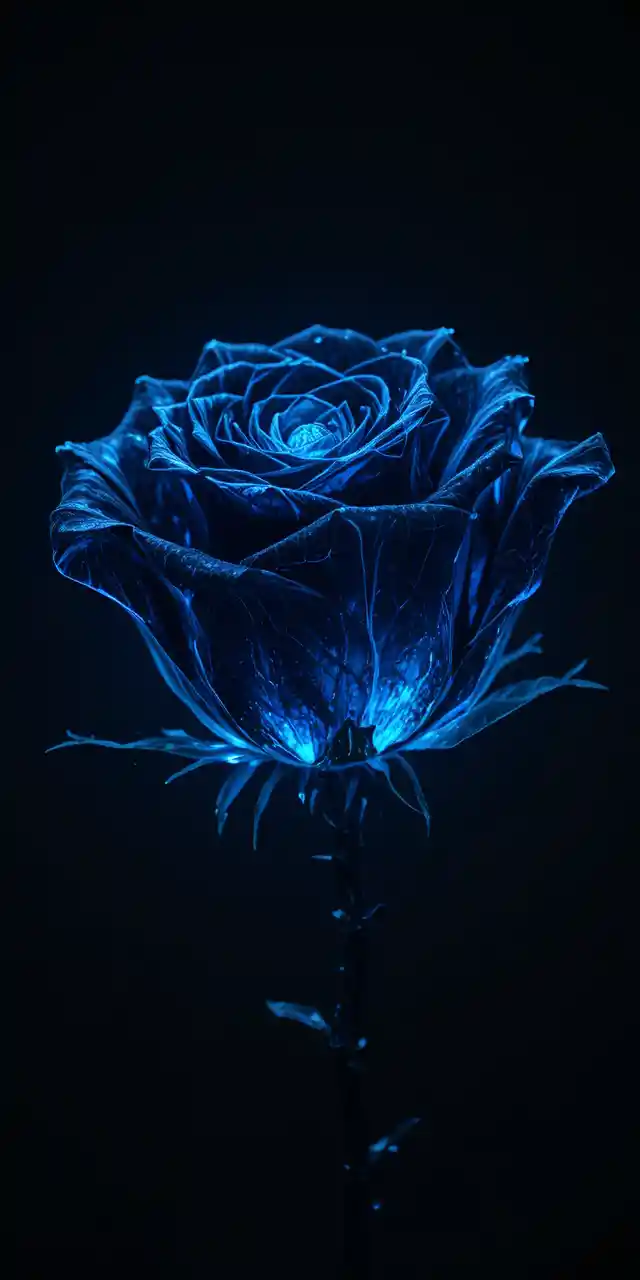 Glowing Black Rose With Sky Blue Glass Petals On Dark Background
