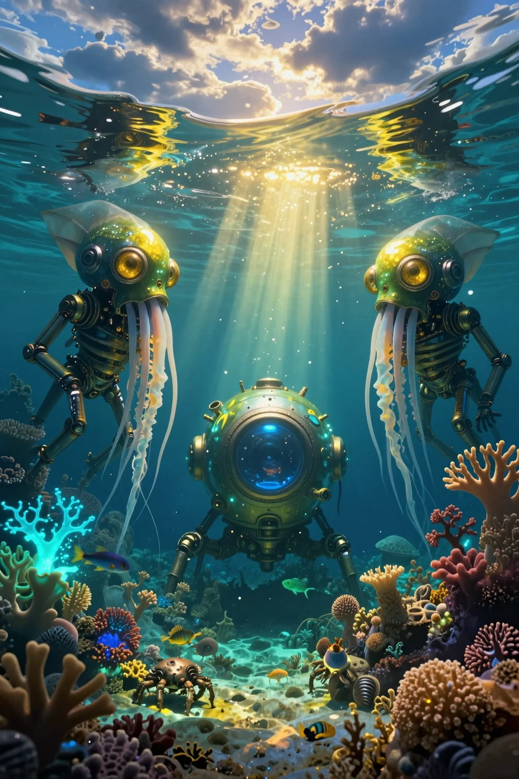 Escena surreal de océano dividido con robots biomecánicos debajo