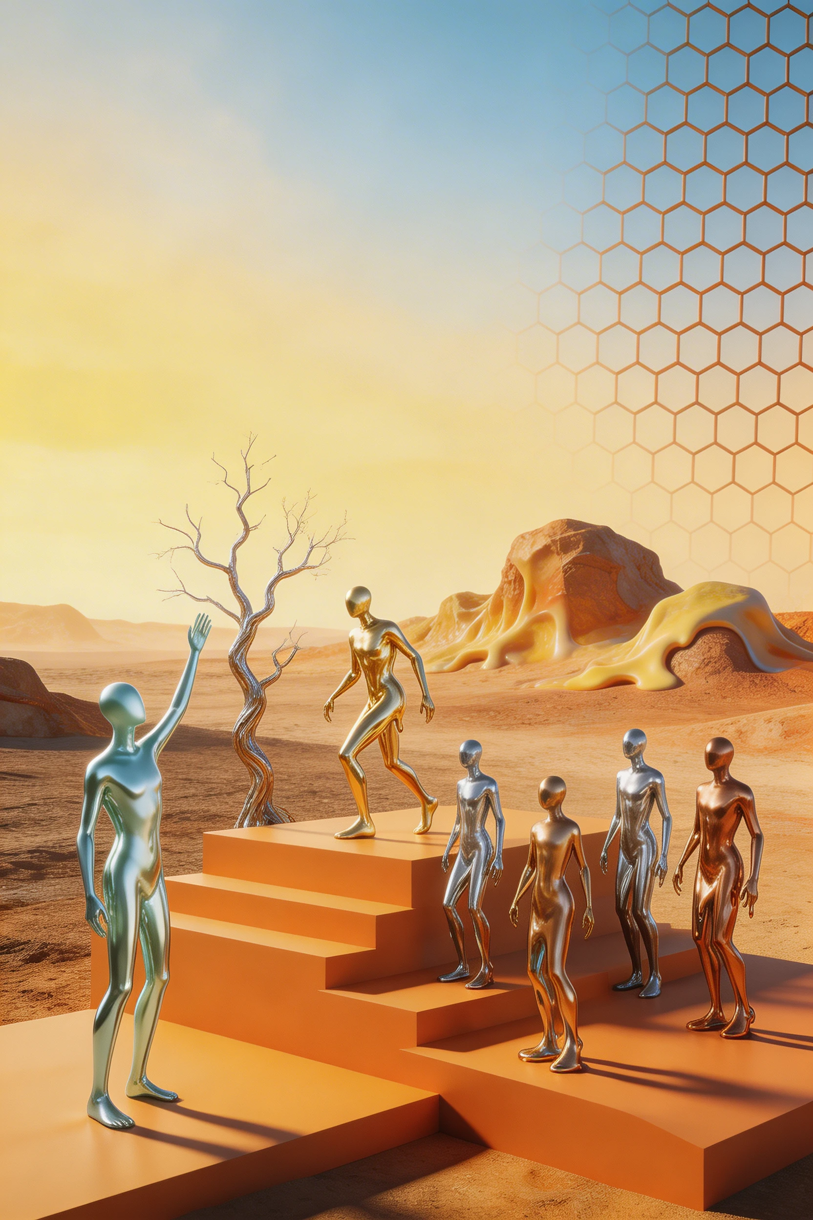 Figuras metálicas surrealistas que fluyen sobre plataformas en el desierto