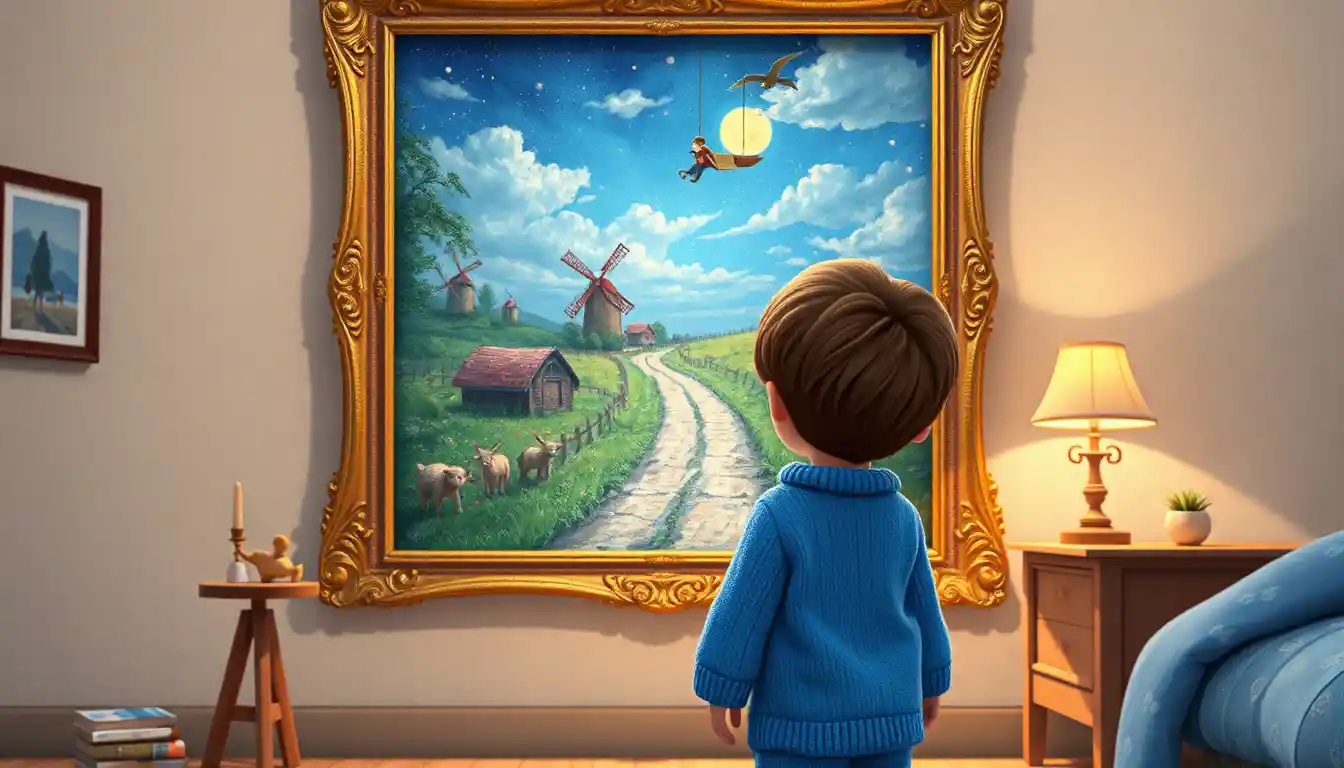 Niño de pijama azul ante un paisaje mágico a la luz de la luna