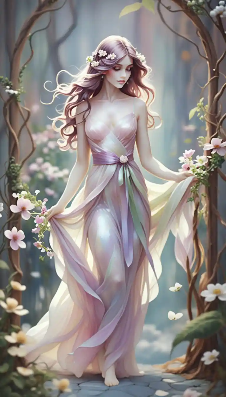 Mulher de vestido branco caminhando por um jardim florido ao sol