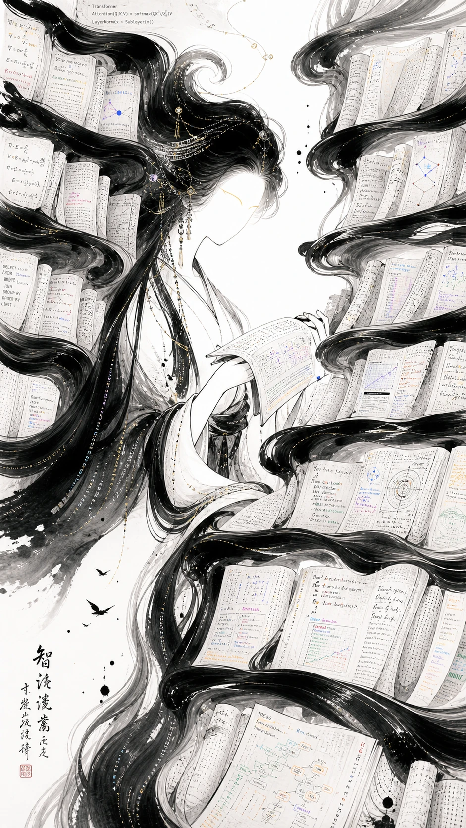 Elegante bibliotecario de tinta formado por trazos caligráficos fluidos