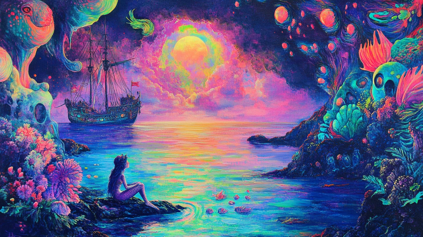 Surreal mermaid on an island shore in dreamlike colors