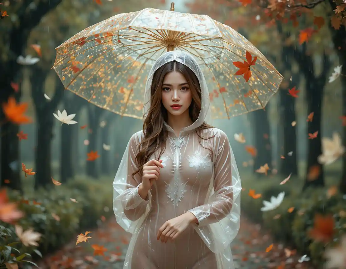 Ethereal woman under golden feathers and maple leaves