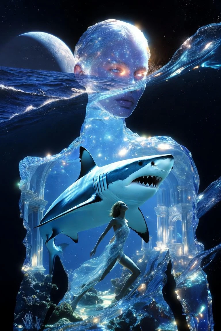 Modelo de alta costura oceánica surreal con mundo en silueta de tiburón