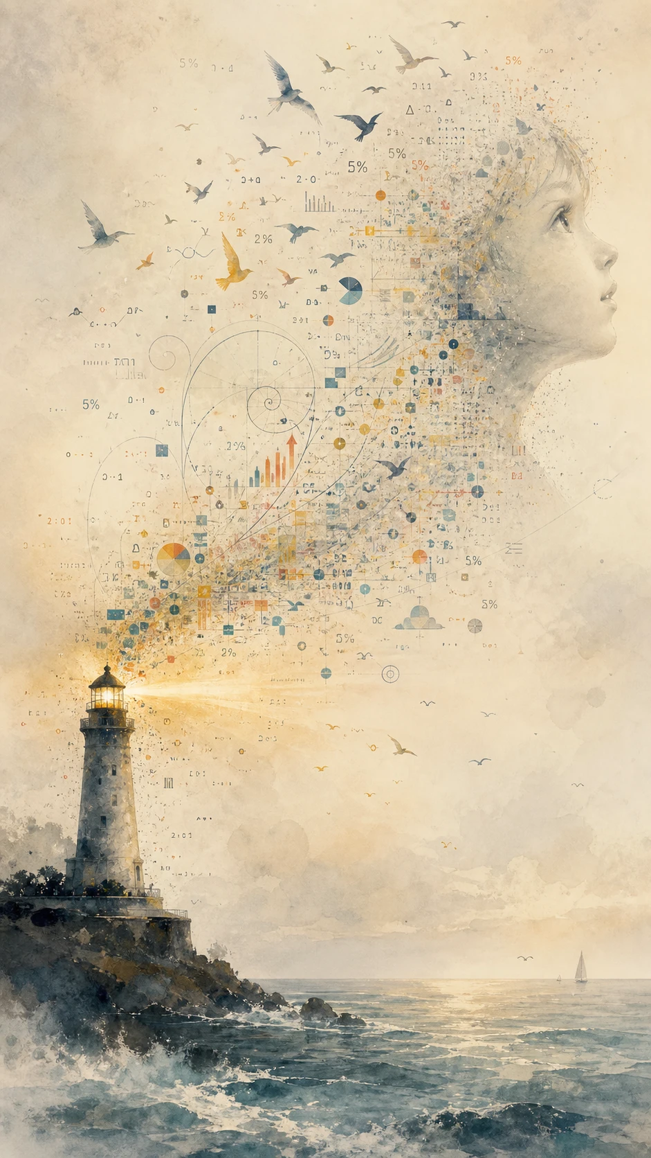 Antiguo faro de tinta que se disuelve en pájaros abstractos
