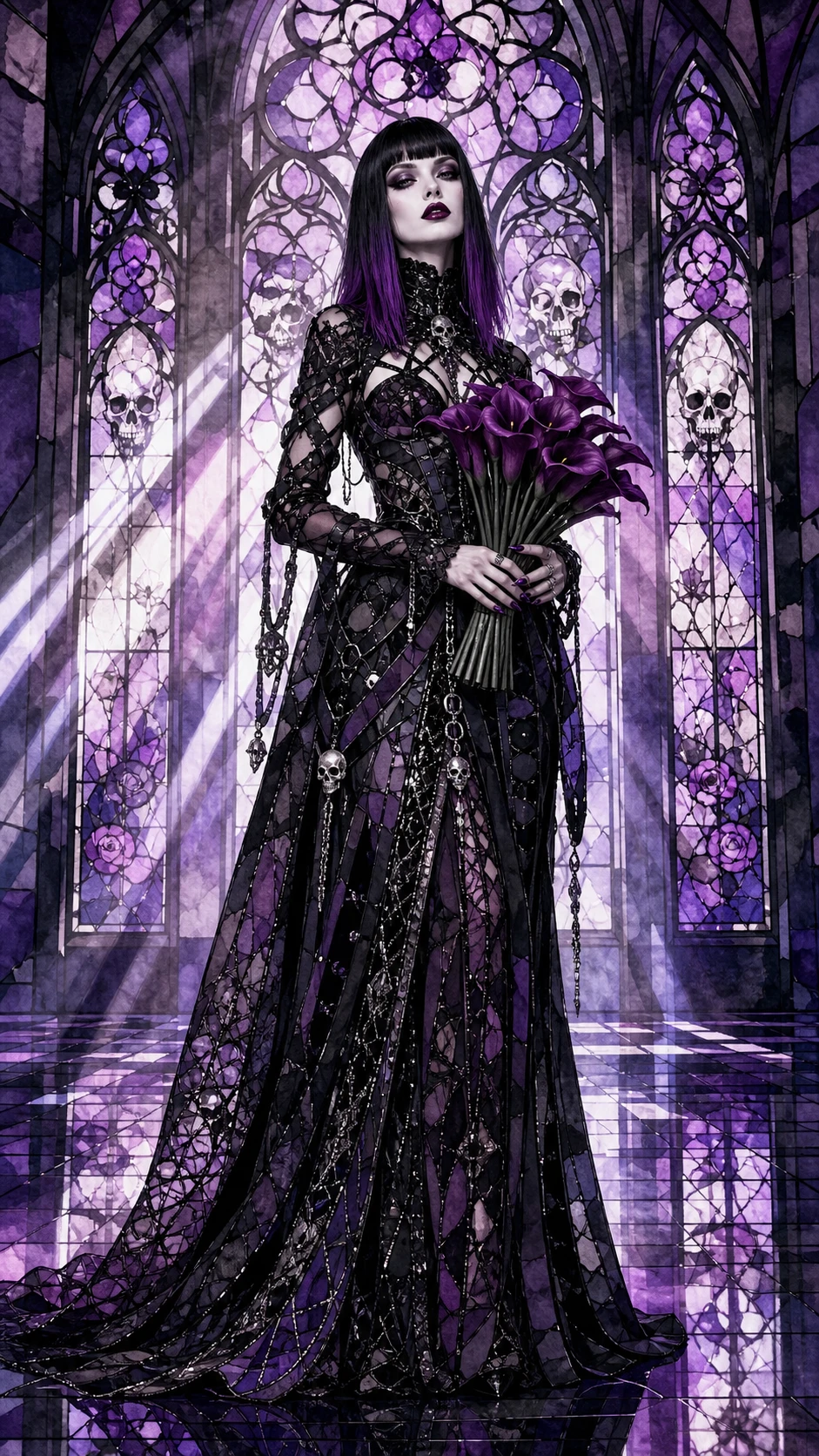 Modelo de moda gótica con vestido de alta costura negro y morado