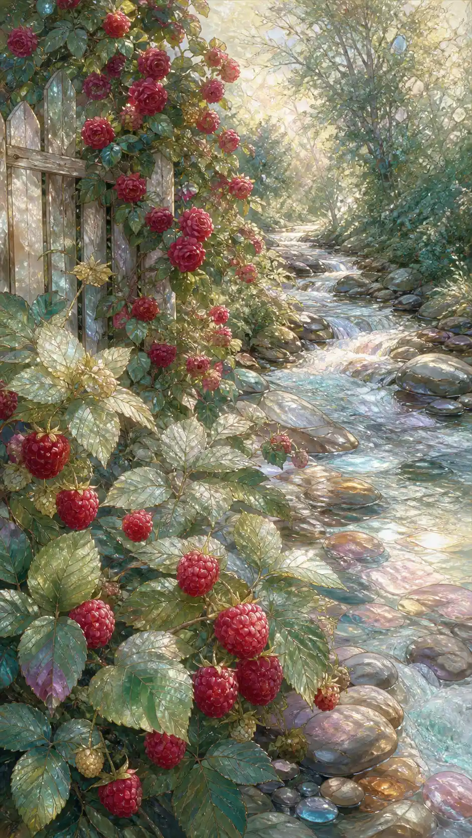 Cespugli di lamponi in fiore accanto a una tranquilla staccionata sul fiume