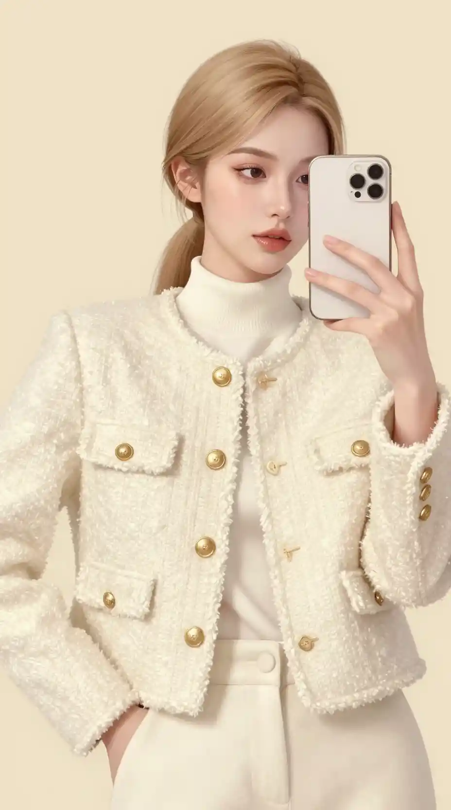 Chica elegante tomándose una selfie de lujo con el móvil en tonos pastel
