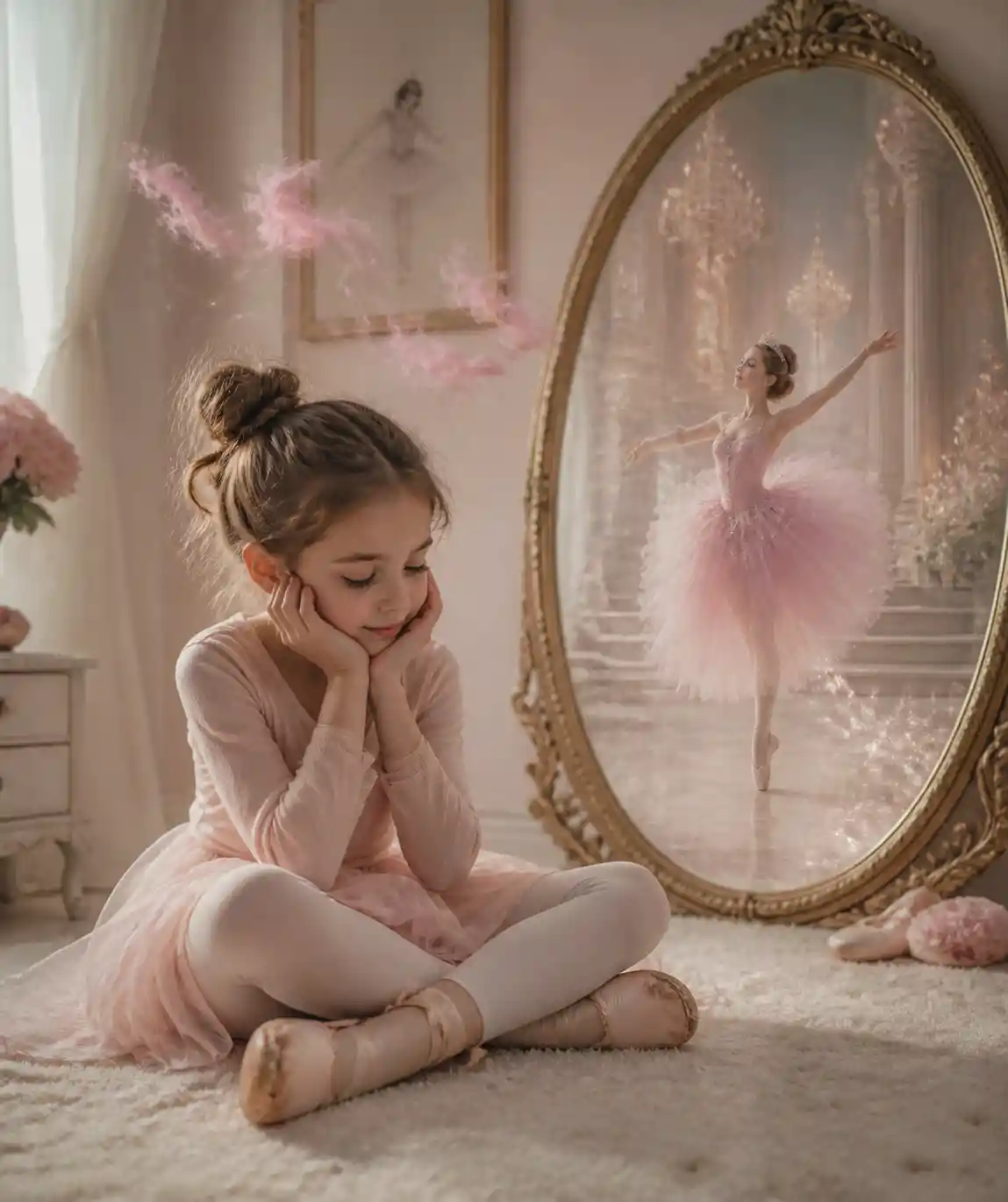 Joven niña soñando en un suave dormitorio en tonos pastel