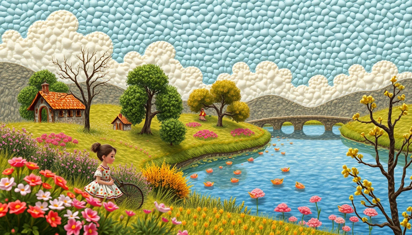 Miniature impressionist landscape with soft pixar style characters