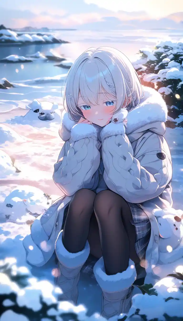 Shy seal inspired anime girl in a snowy seaside town
