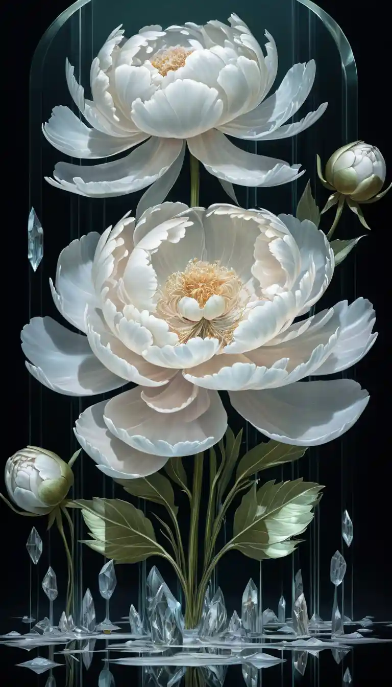 Peonía blanca de cristal con detalles de cristal iridiscente