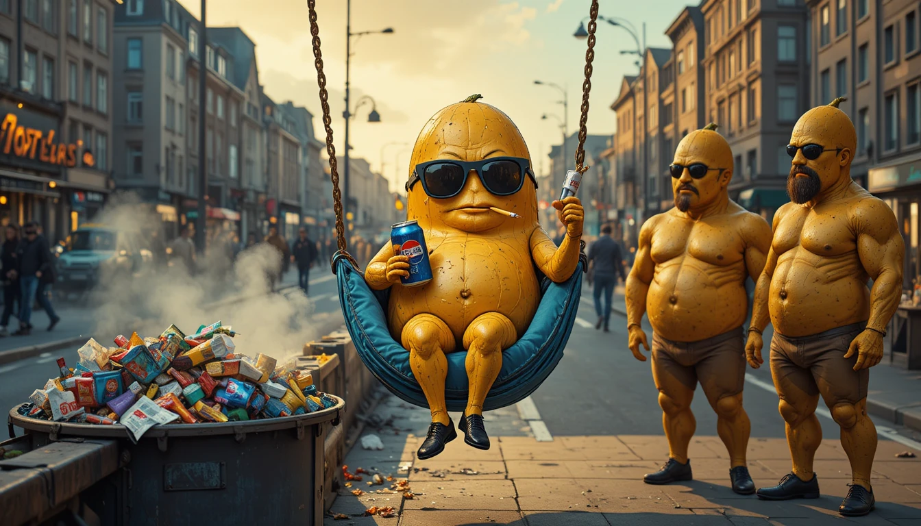 荒れた街でハンモックに揺られてくつろぐフライドポテトキャラクター