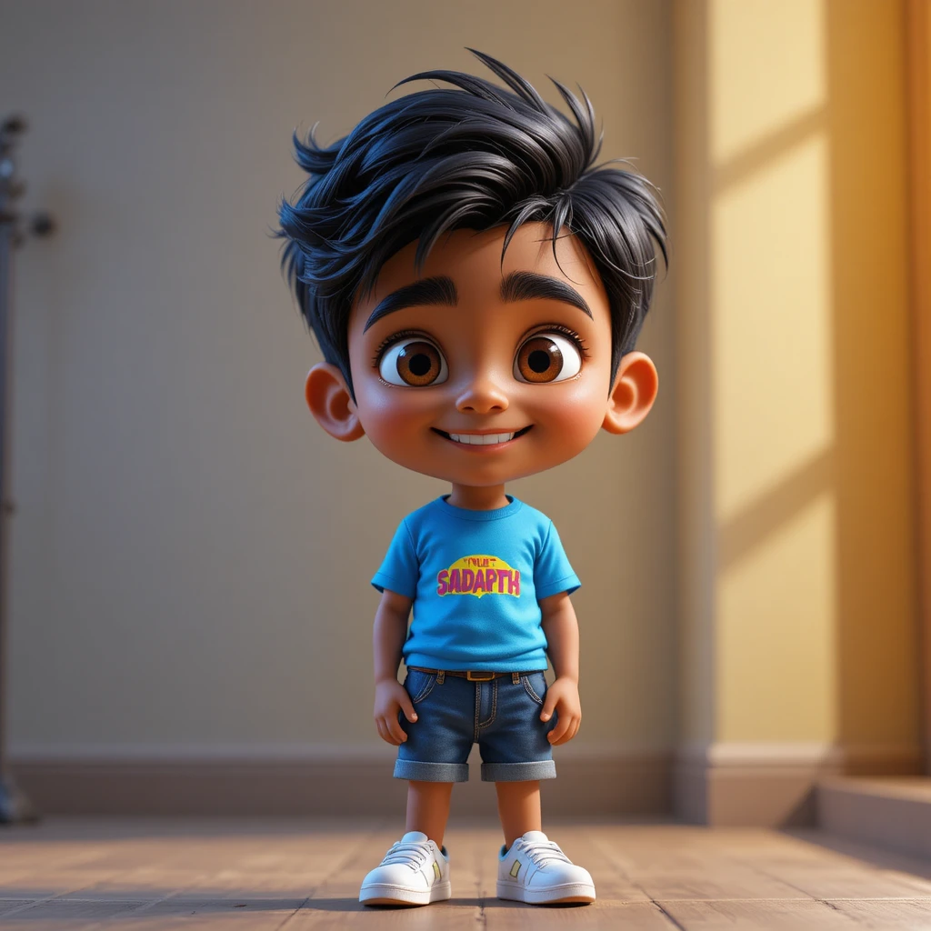 Retrato 3D de personaje de niño indio sonriente con camisa azul
