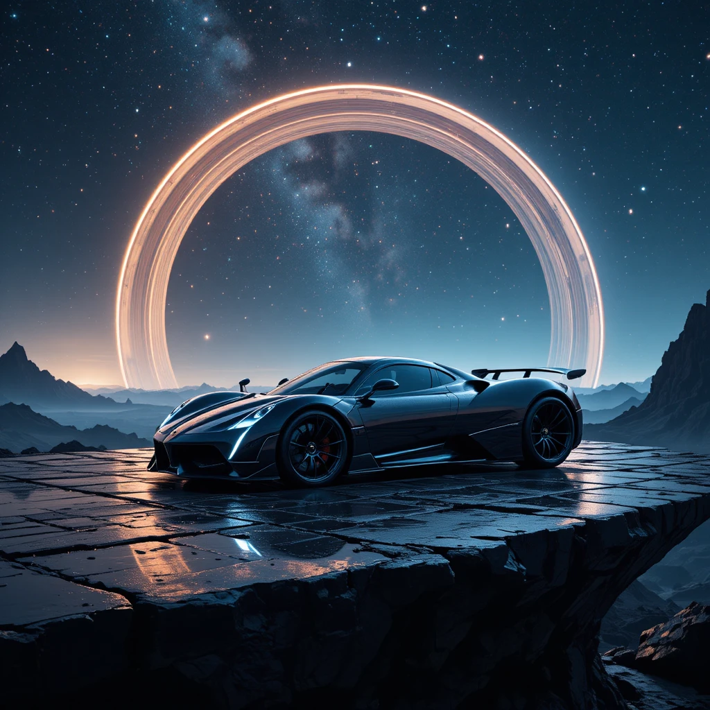 Hypercar Pagani sobre una plataforma de obsidiana flotante sobre Saturno