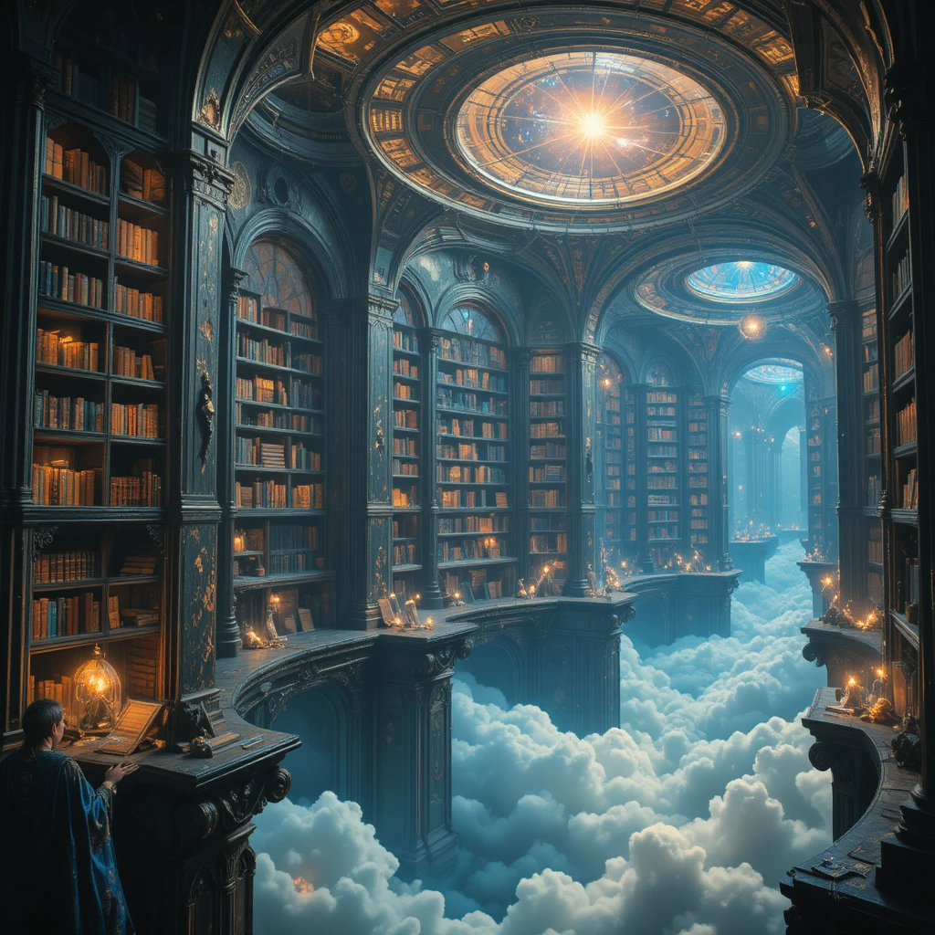 Infinita biblioteca celestial sobre nubes y estrellas luminosas