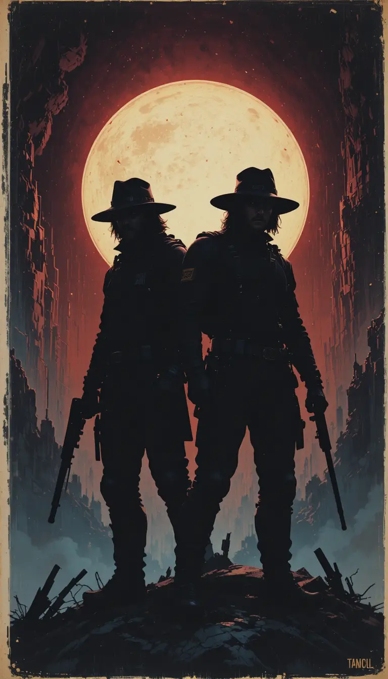 Retro space fantasy cover with two silhouetted mercenary heroes