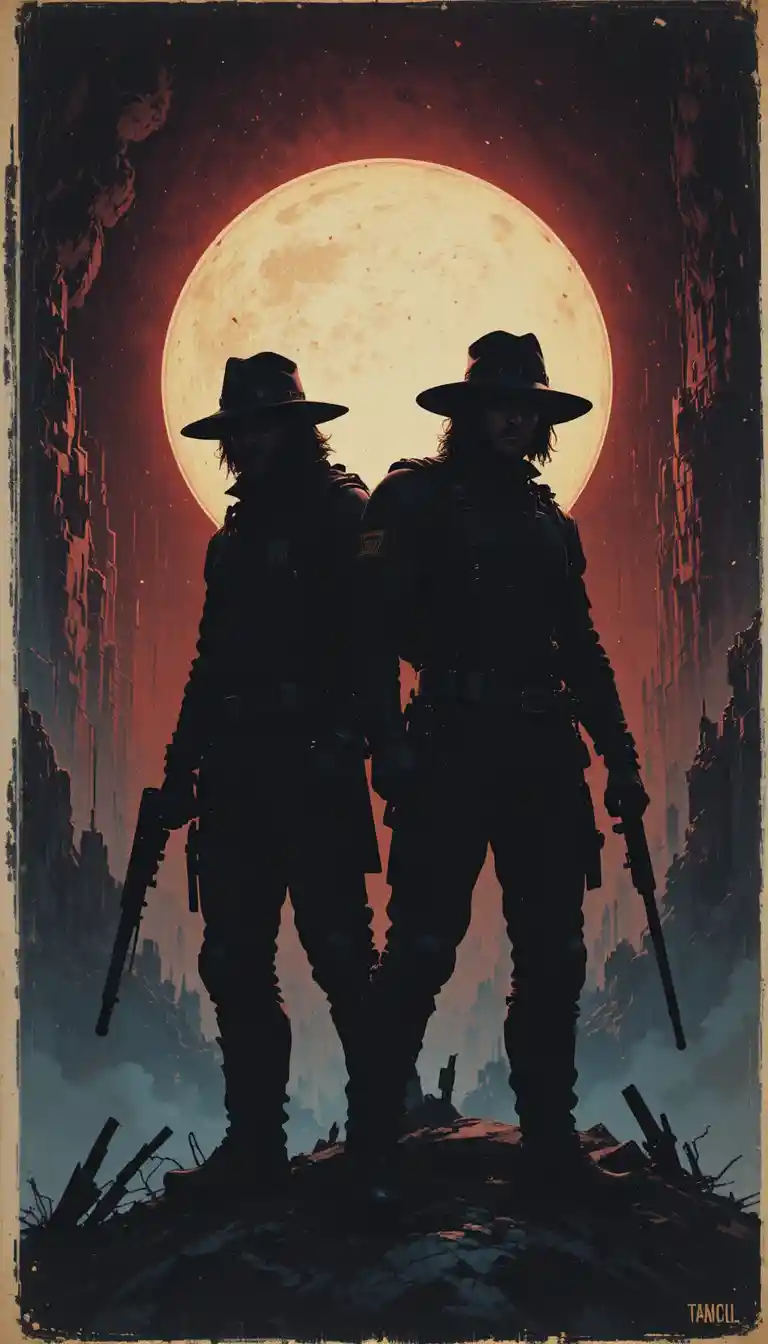 Retro space fantasy cover with two silhouetted mercenary heroes