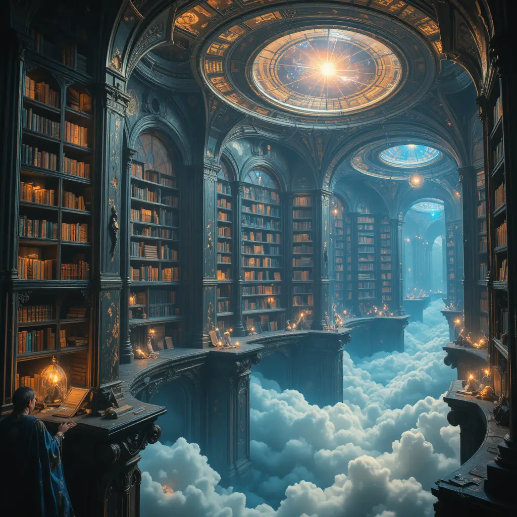 無盡天上圖書館懸浮於發光雲海與群星之上