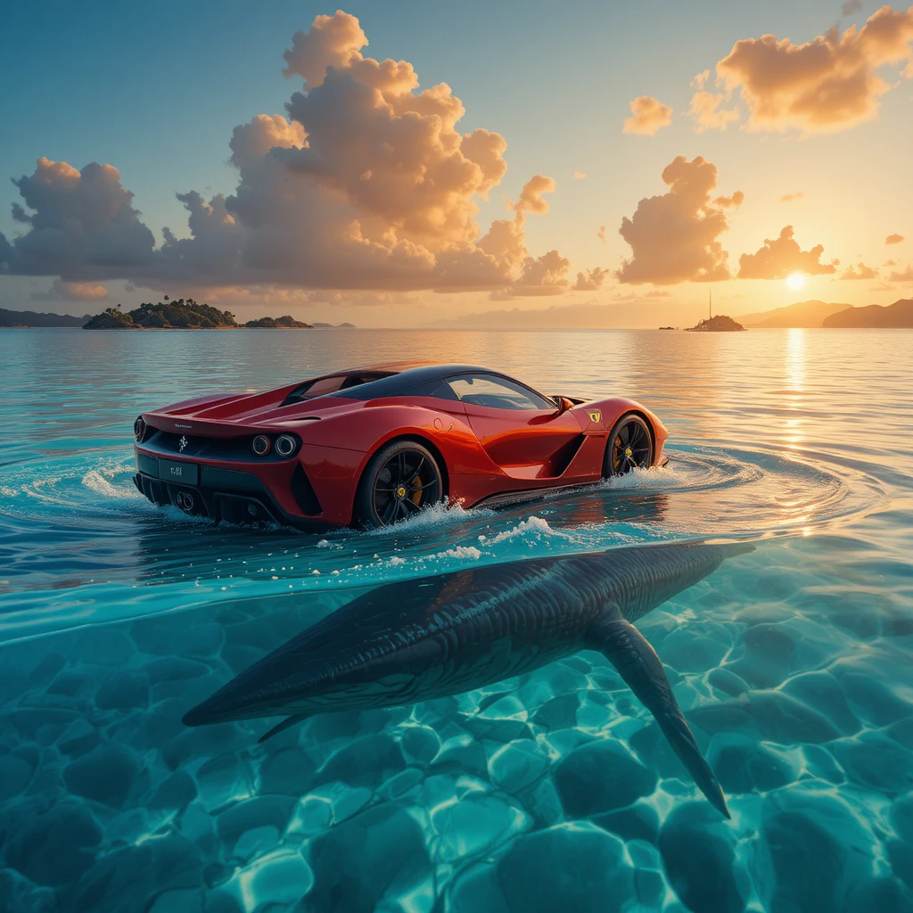 Superdeportivo Ferrari deslizándose sobre un océano cristalino al atardecer