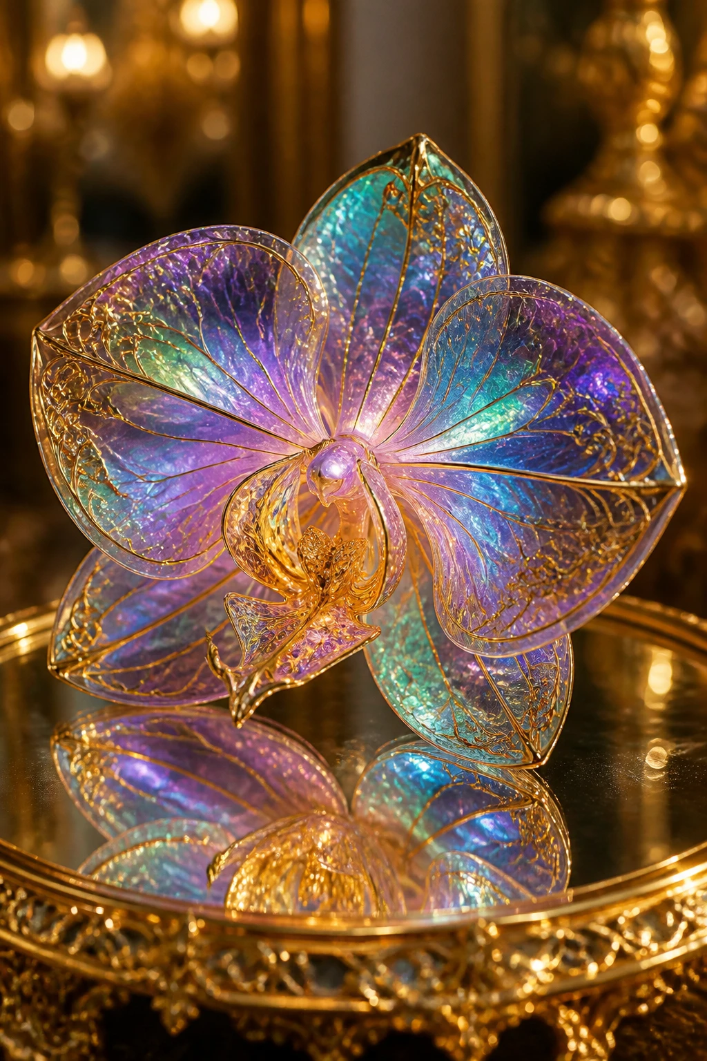 Orquídea de cristal y vidrio brillante sobre mesa reflectante espejada