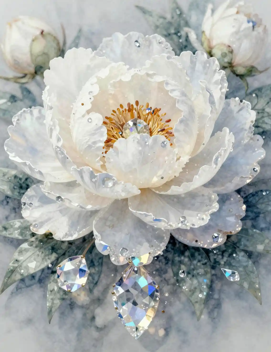 Crystal white peony with iridescent accents in cinematic light