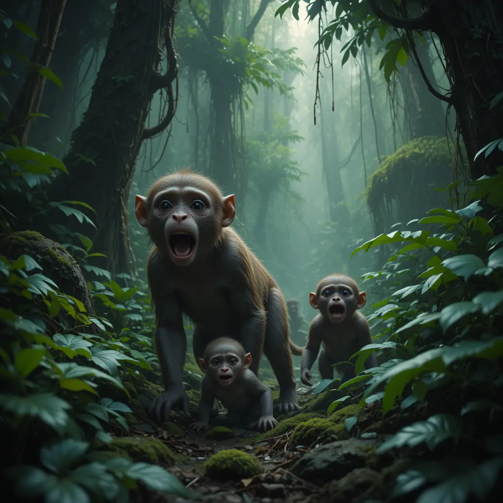Madre mono guía a tres crías por la jungla neblinosa