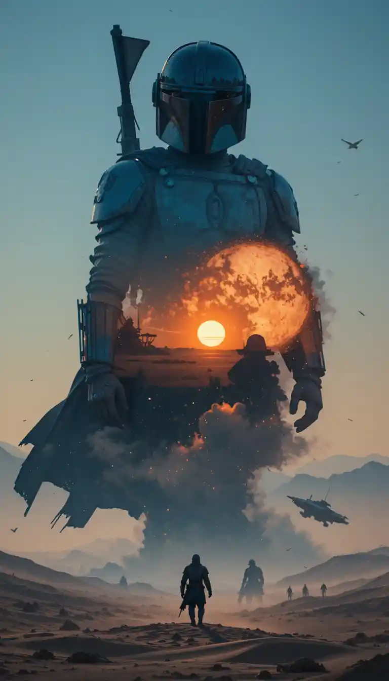 Double exposure warrior silhouette over sci fi desert sunset