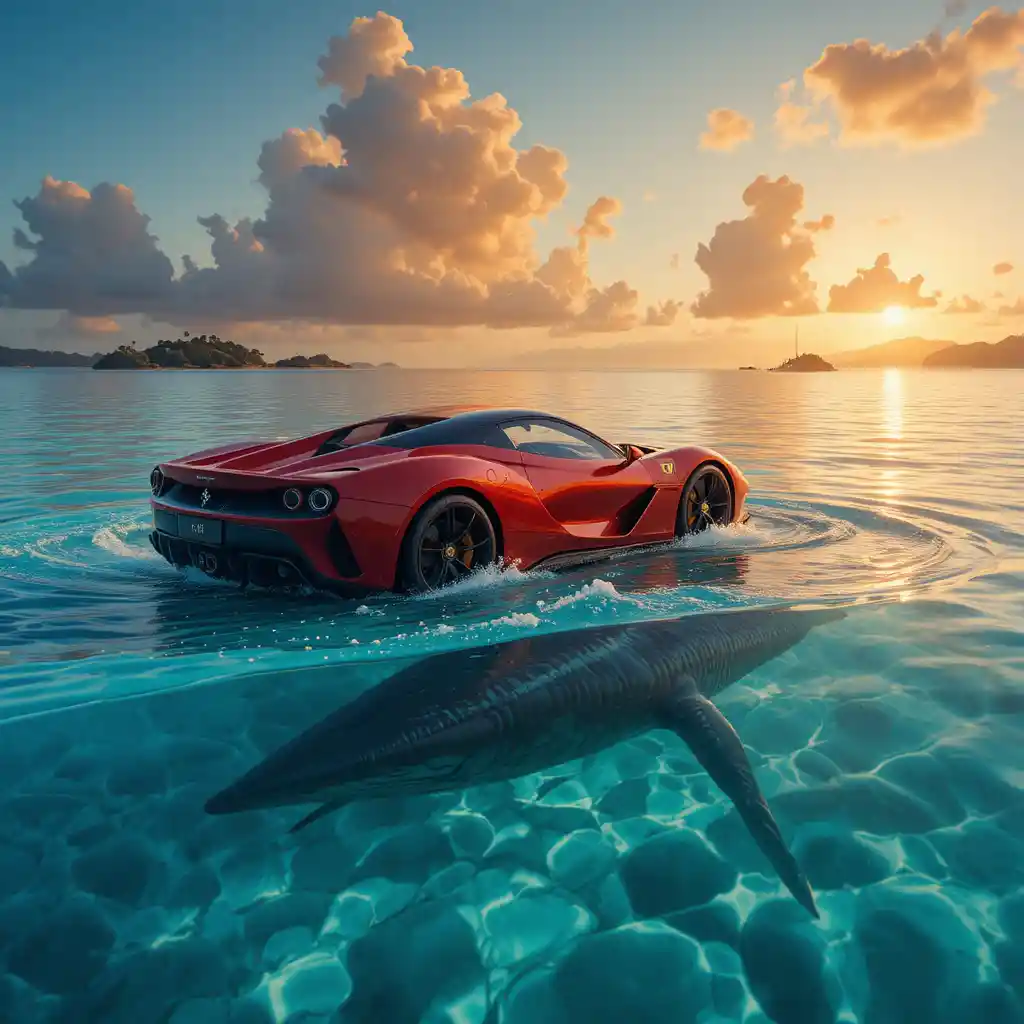 Superdeportivo Ferrari deslizándose sobre un océano cristalino al atardecer