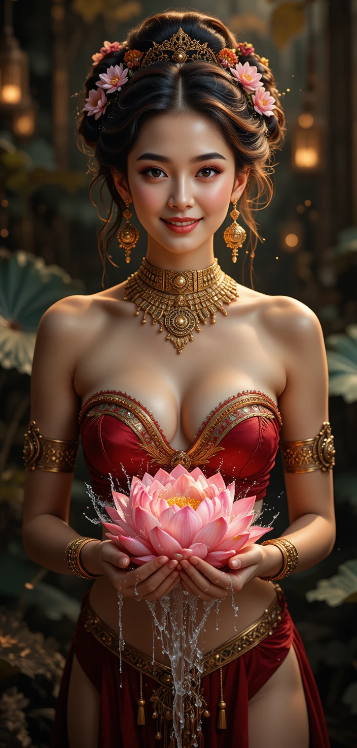 手捧粉紅蓮花、化身天女微笑的女子