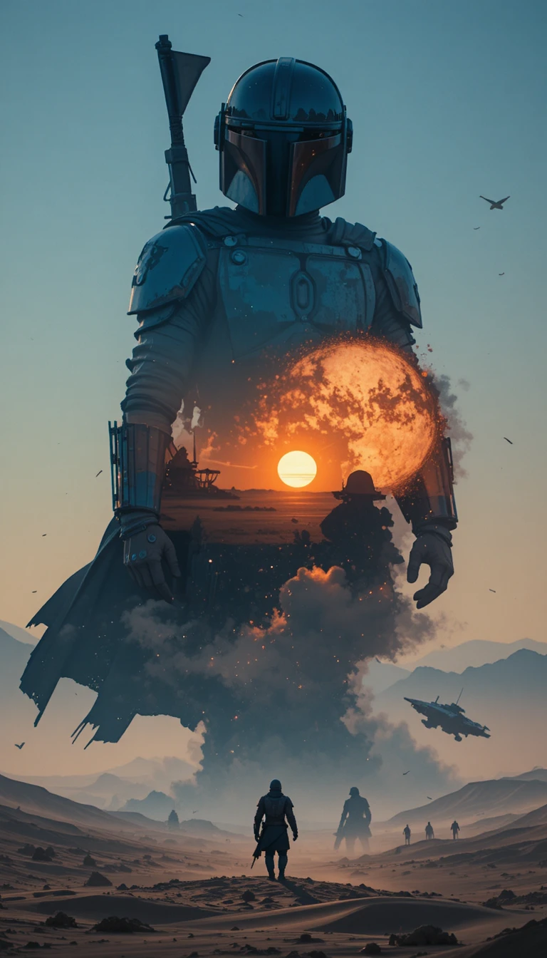 Double exposure warrior silhouette over sci fi desert sunset