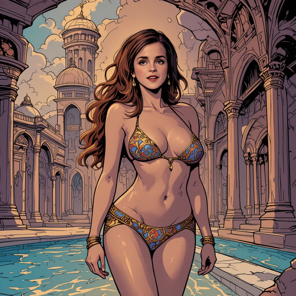 Princesa de harén fantástica en bikini en el lujoso patio del palacio