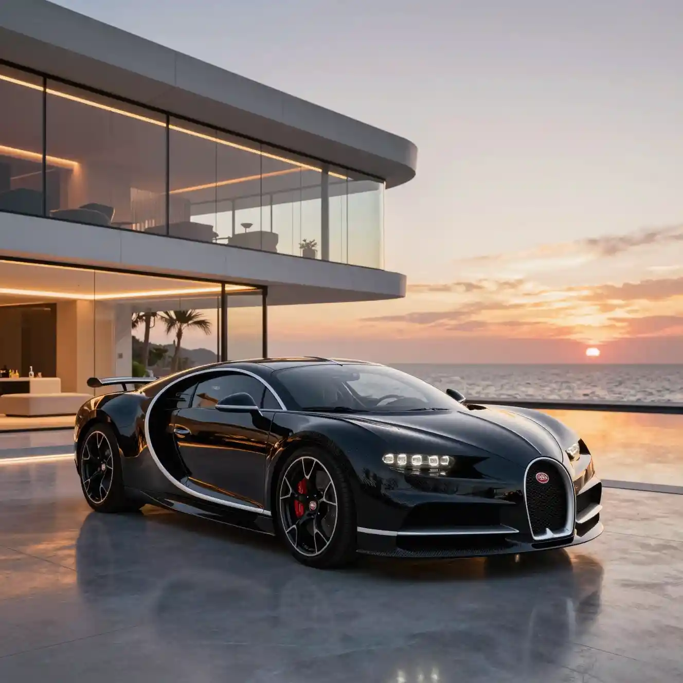 Supercoche negro aparcado frente a mansión de cristal al atardecer