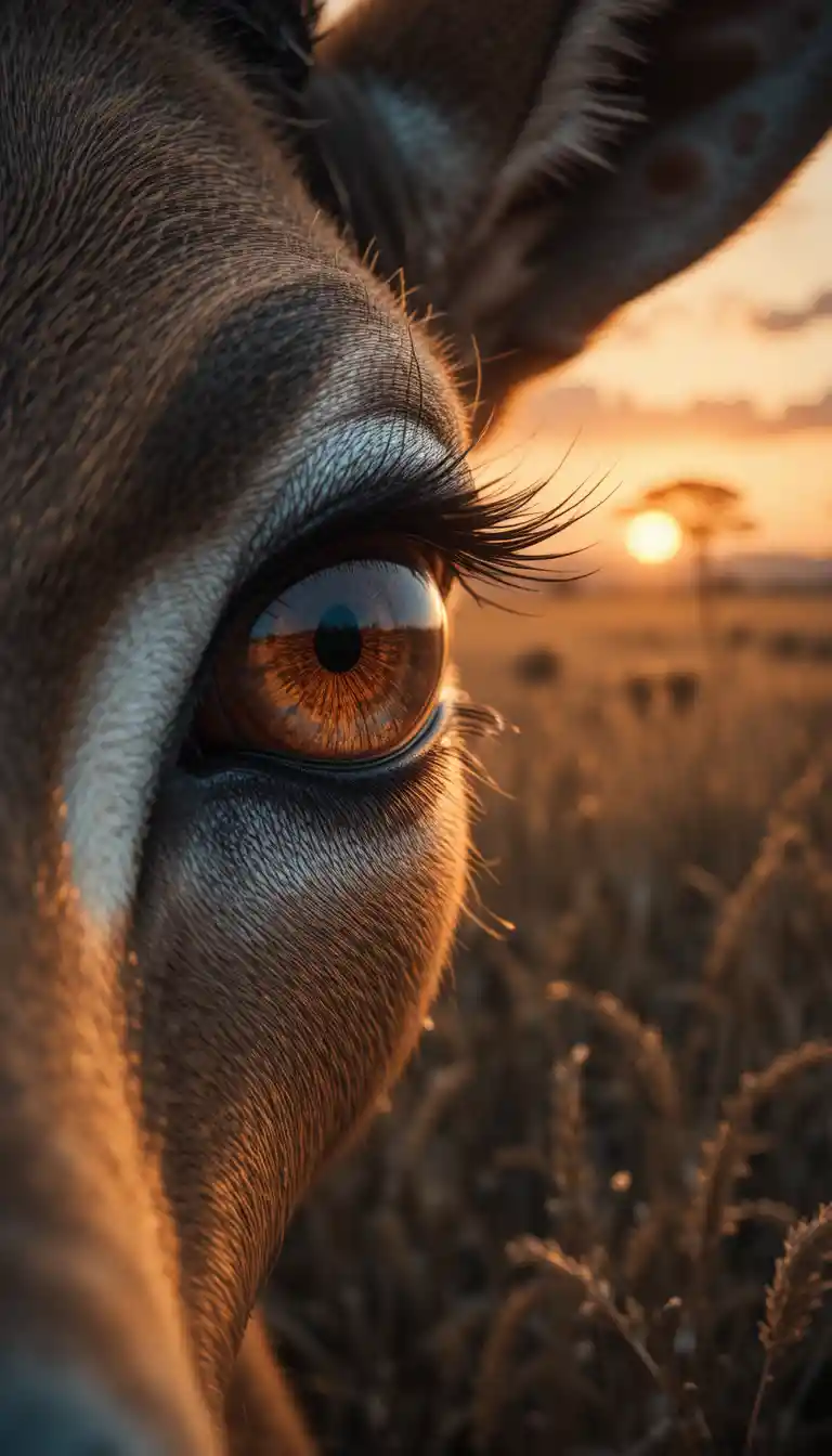 アフリカのサバンナの夕焼けに照らされたガゼルの目の超クローズアップ
