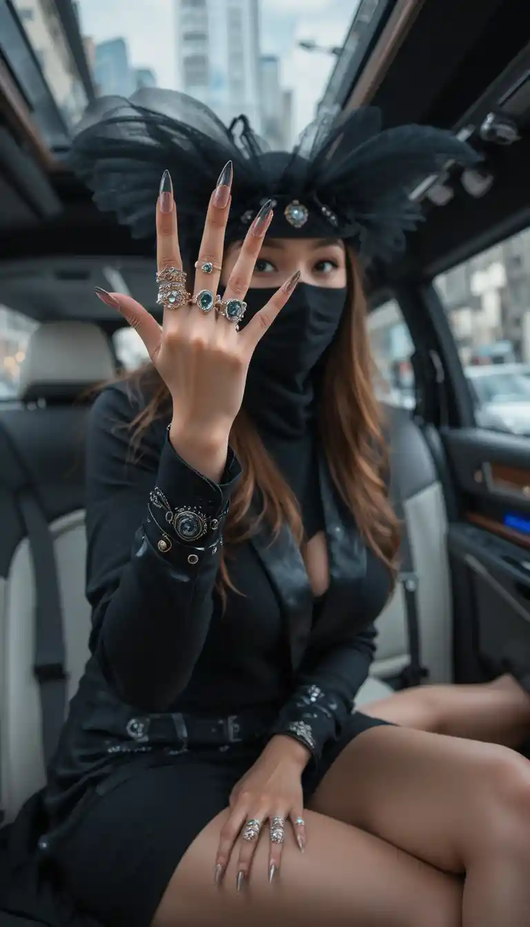 Mujer enmascarada y elegante en limusina mostrando mano llena de anillos