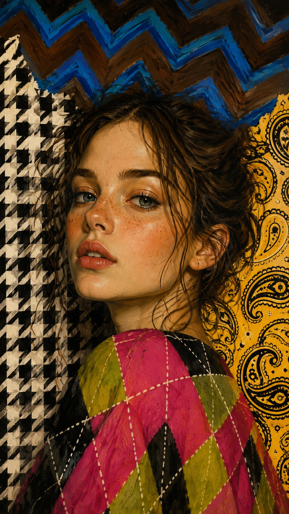 Retrato de mujer joven con un fondo de patrones llamativos