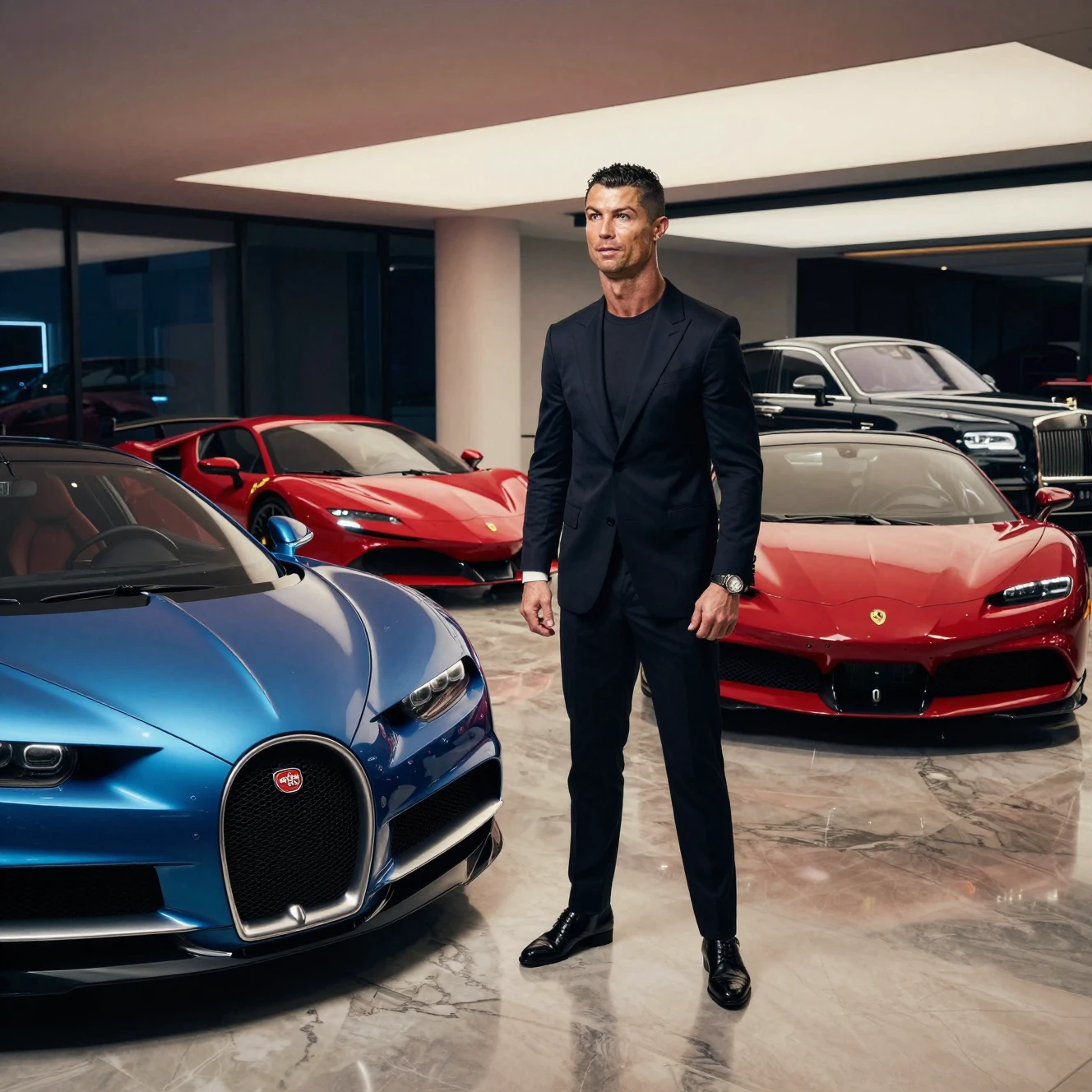 Uomo elegante in abito nero in uno showroom di auto di lusso