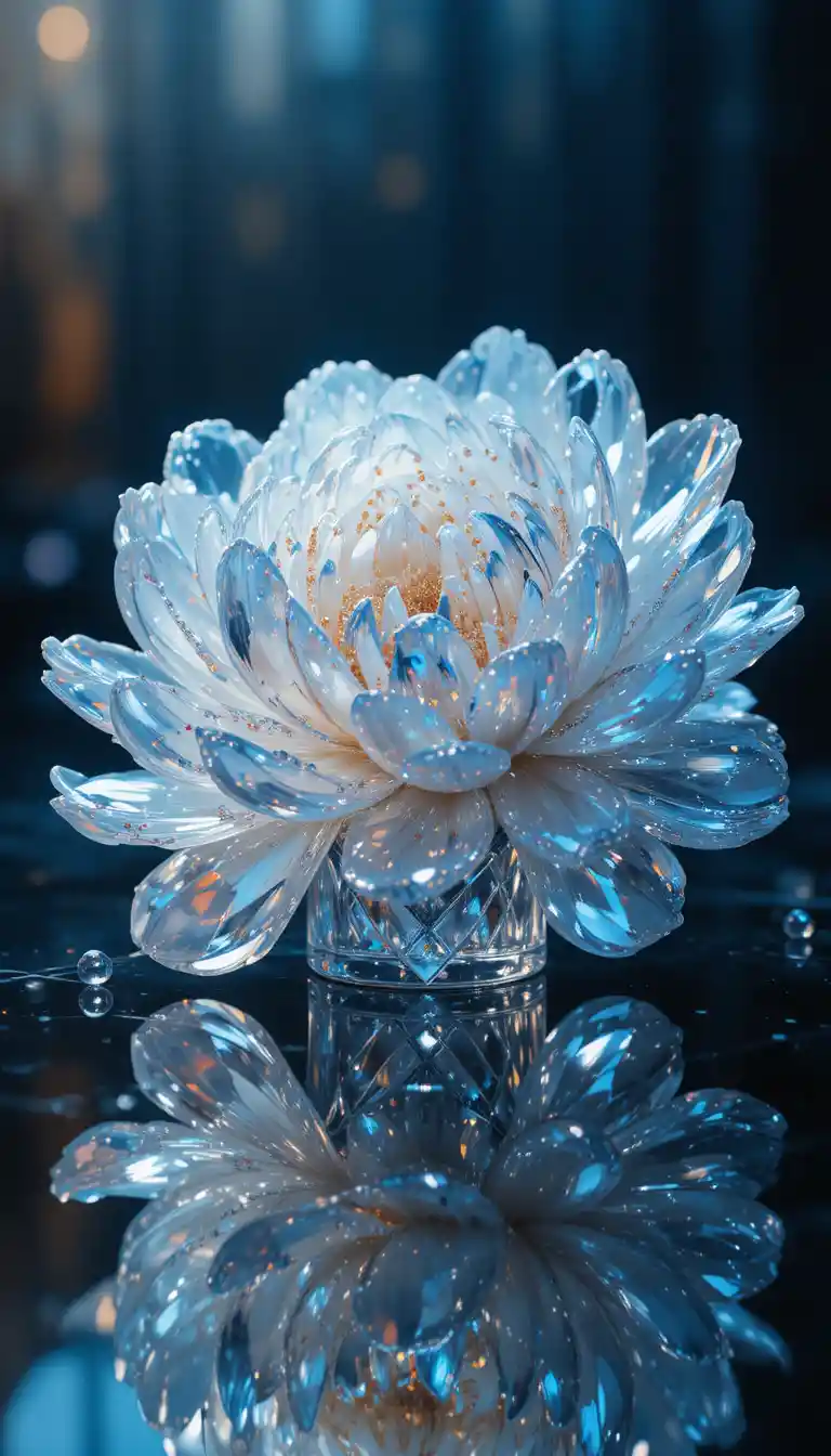 Peonía de cristal blanca intrincada con reflejos iridiscentes