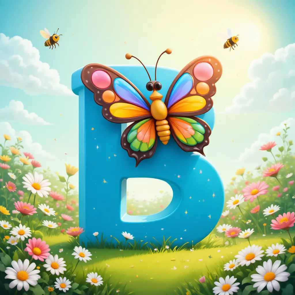 Colorful butterfly flying over flowers with giant blue letter