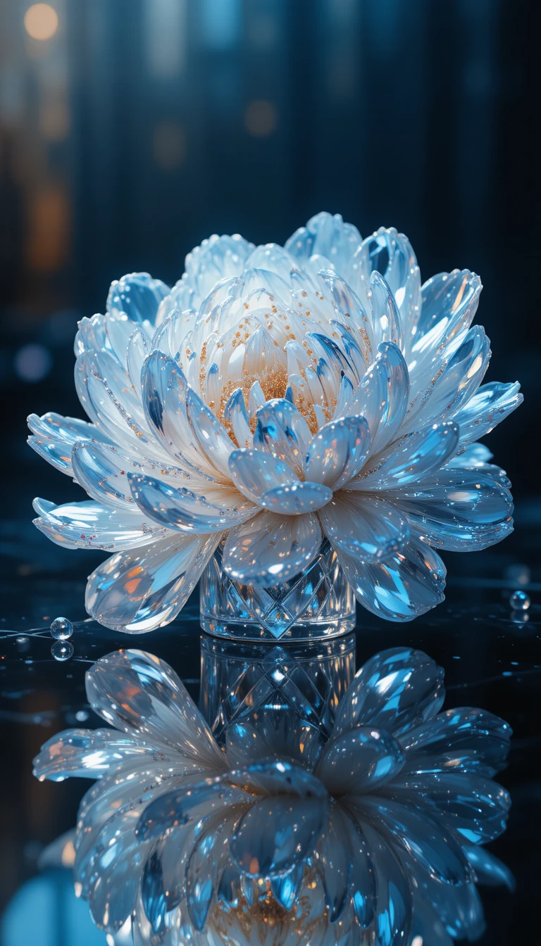 Peonía de cristal blanca intrincada con reflejos iridiscentes