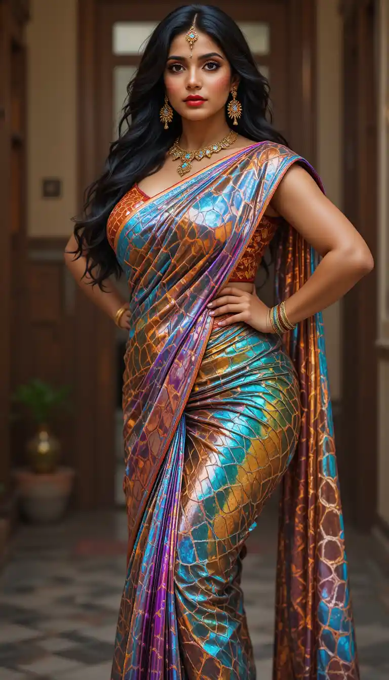 Glamorous Indian woman in reflective saree bending at the waist