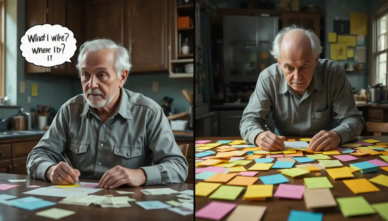Hombre mayor con pérdida de memoria buscando notas adhesivas escritas a mano